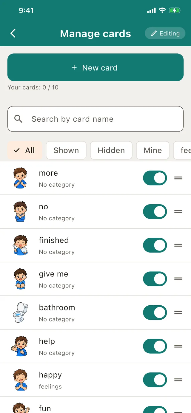 The screen for managing cards and categories