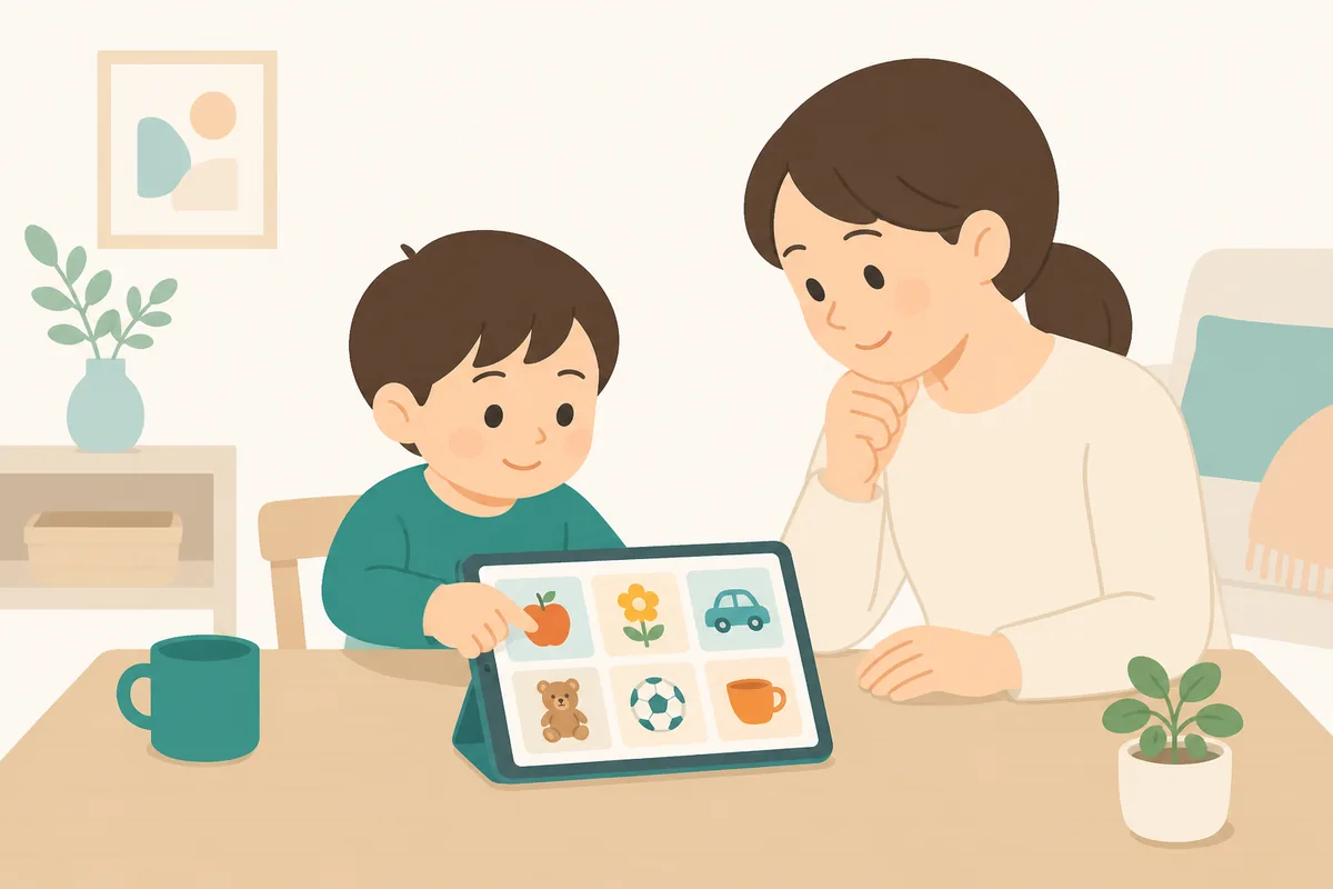 タブレットのカードをタッチする子どもと、そばで見守る保護者のイラスト