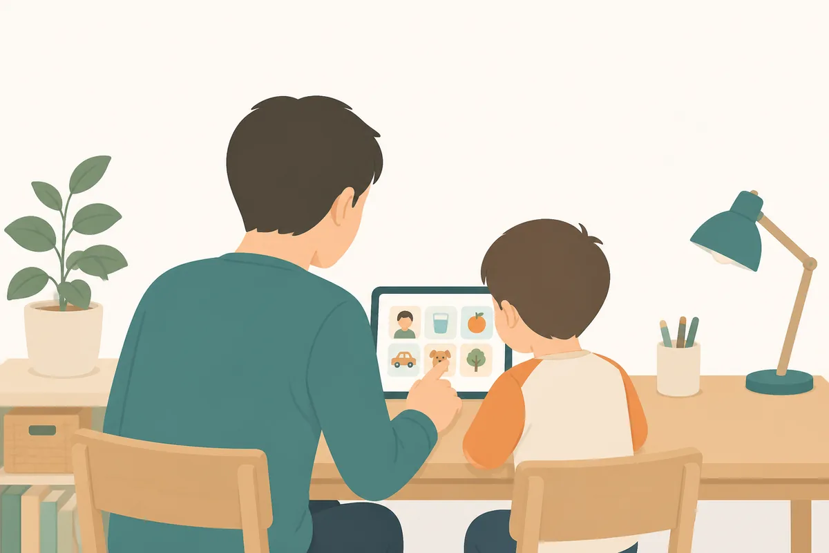 開発者と子どもが並んでタブレットを見る後ろ姿のイラスト