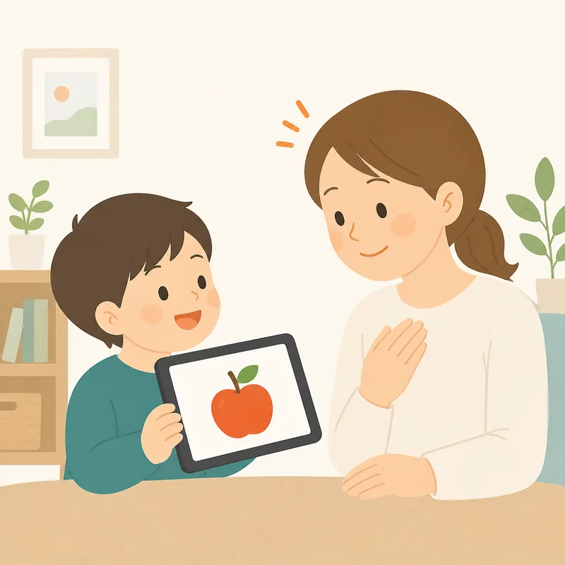 子どもが大きな絵カードを相手に見せて伝えるイラスト